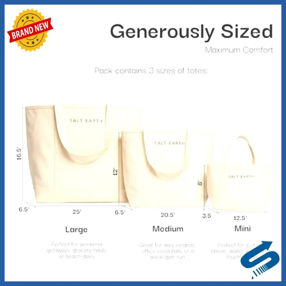 Canvas Tote Bag Set Multipurpose Reusable Eco-Friendly Travel Work Shopping
